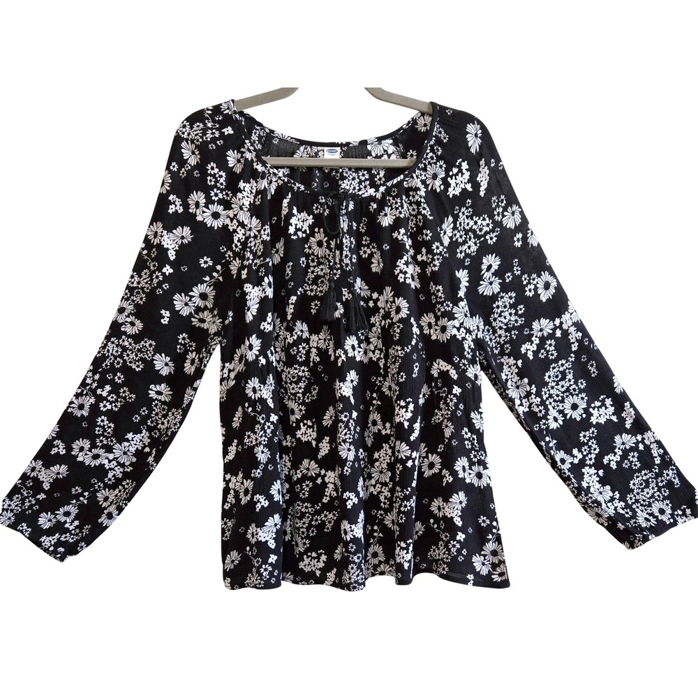 Old Navy Women's Black White Daisy Floral Peasant Blouse Tassel Tie Top‎ Large